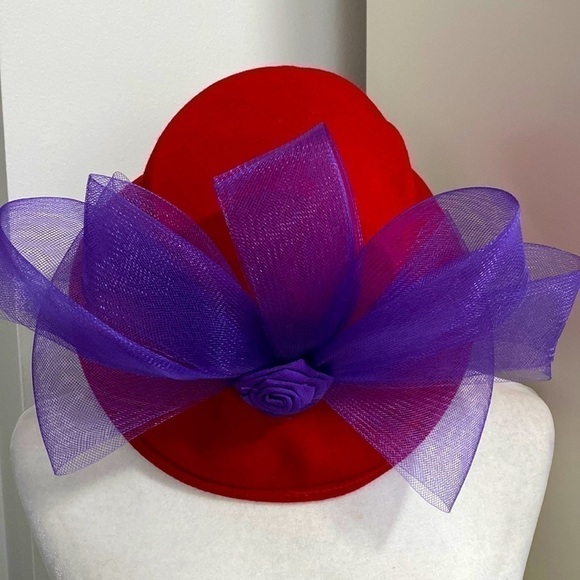 Red Hat Society Purple Ribbon Flower Derby Wool Hat Fall Warm Party Vacation - Picture 6 of 16